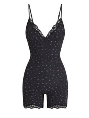 SKIMS Fits Everybody Lace Triangle Onesie in Onyx Rosebud